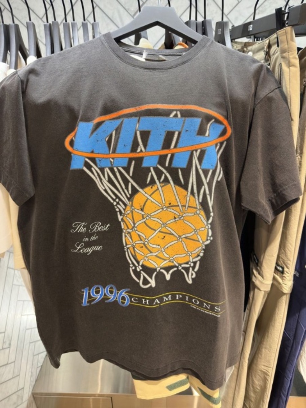 Kith Charcoal Tee with Blue Logo and Orange Basketball Graphic